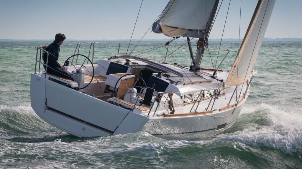 Foto eines Italien-Yachcharter Skippers am Ruder einer Dufour 360 Grand Large