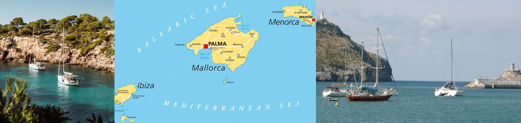 Übersichtskarte der Balearen mit Mallorca, Menorca und Ibiza sowie Segelbooten in malerischen Buchten. Beliebte Inselgruppe im Mittelmeer für Yachtcharter, Segelreisen und Katamaran-Törns mit GlobeSailor.